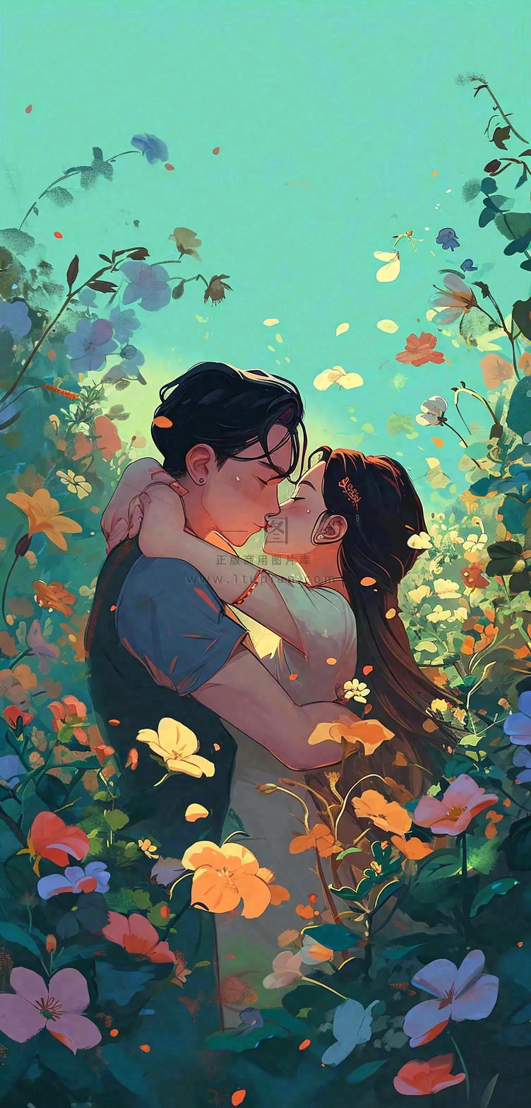 森林花丛里情侣拥抱亲吻爱情手绘插画,情人节