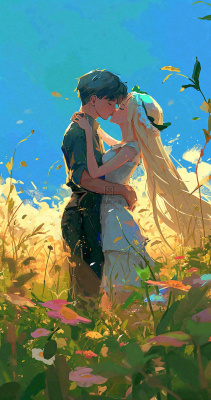 蓝天白云下情侣拥抱亲吻爱情，鲜花小草，情清新人节