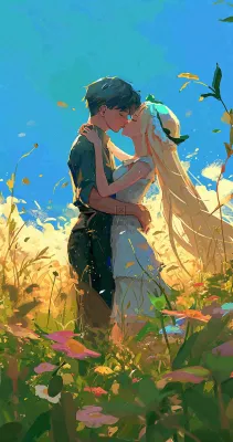 蓝天白云下情侣拥抱亲吻爱情，鲜花小草，情清新人节