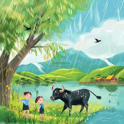 春天下雨天牧童放牛河流柳树雨水谷雨清明卡通插画背景