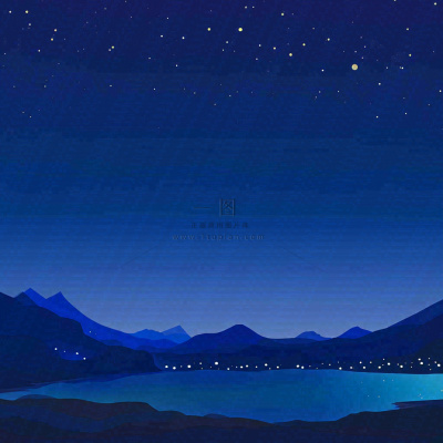 夜晚河面星空月亮唯美夜景扁平插画手绘