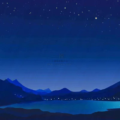 夜晚河面星空月亮唯美夜景扁平插画手绘