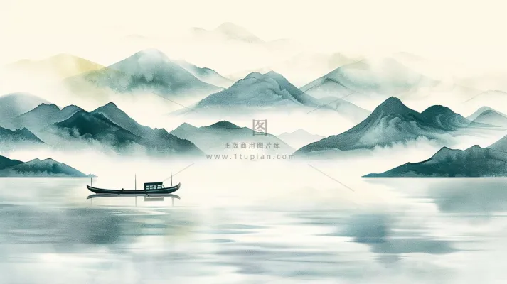 水墨山水画小船河面山川连绵国画插画背景