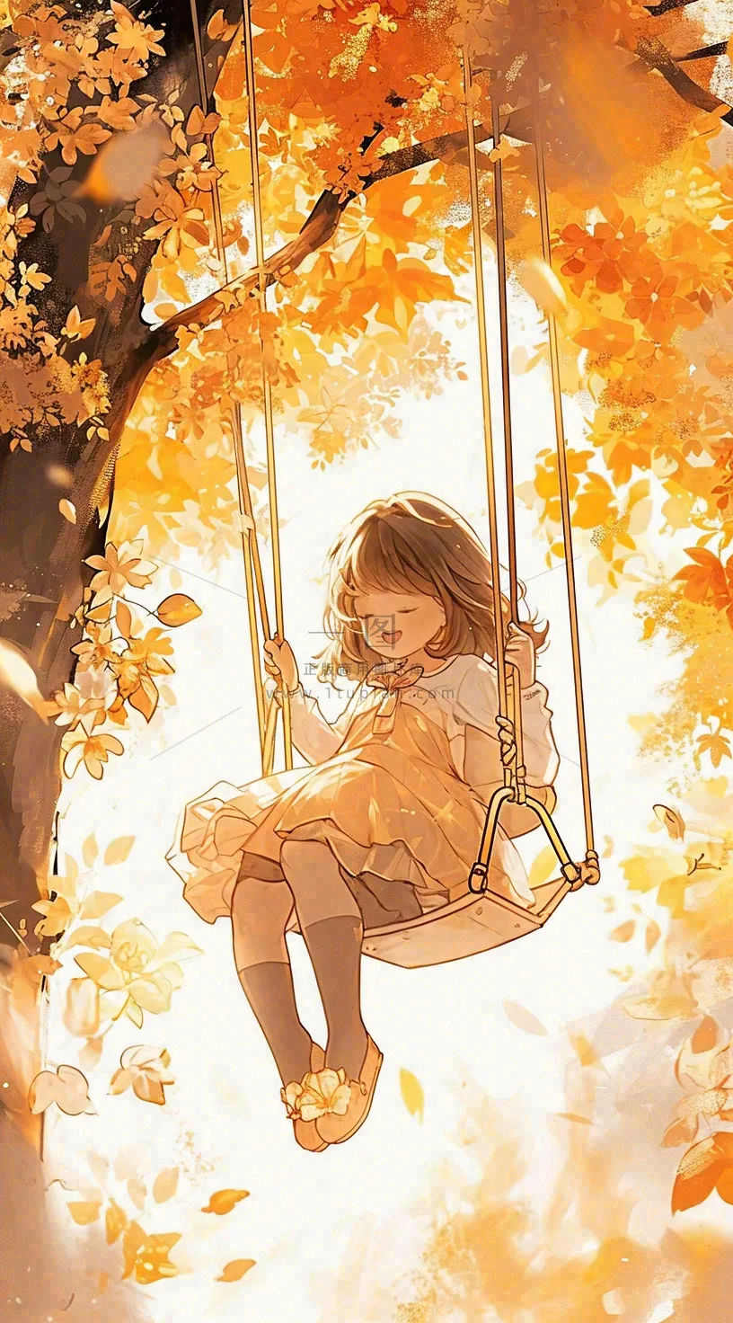 秋天落叶季节少女玩耍荡秋千,秋分儿童