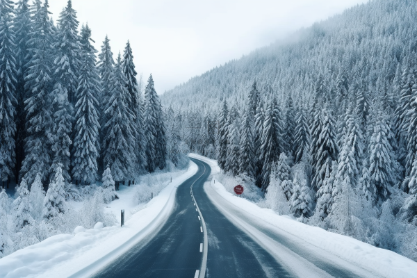 冬季雪山森林雾凇公路道路摄影图