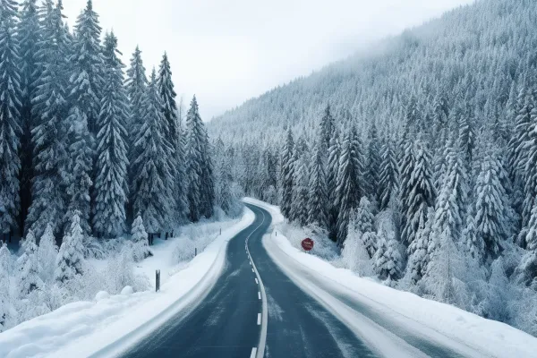 冬季雪山森林雾凇公路道路摄影图