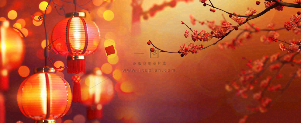 春节梅花红灯笼挂枝头红色喜庆小年除夕夜元宵节背景