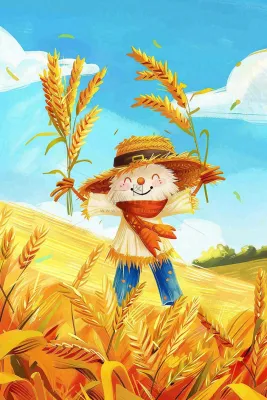 农场农田里的稻草人小麦麦穗秋收粮食芒种立秋秋分卡通插画背景
