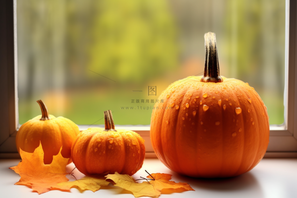 窗户飘窗上的落叶和黄色的南瓜摄影图