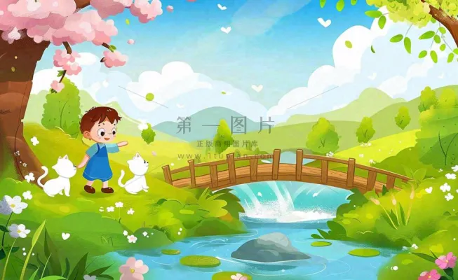 春天出游踏青森林公园小溪小桥樱花小孩宠物立春春分惊蛰绿色卡通插画背景