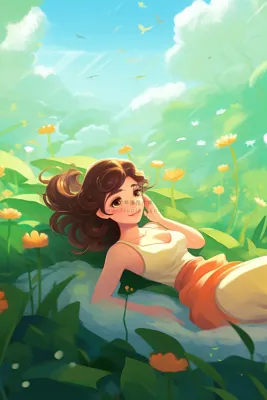 美丽的少女躺着花丛中卡通插画素材