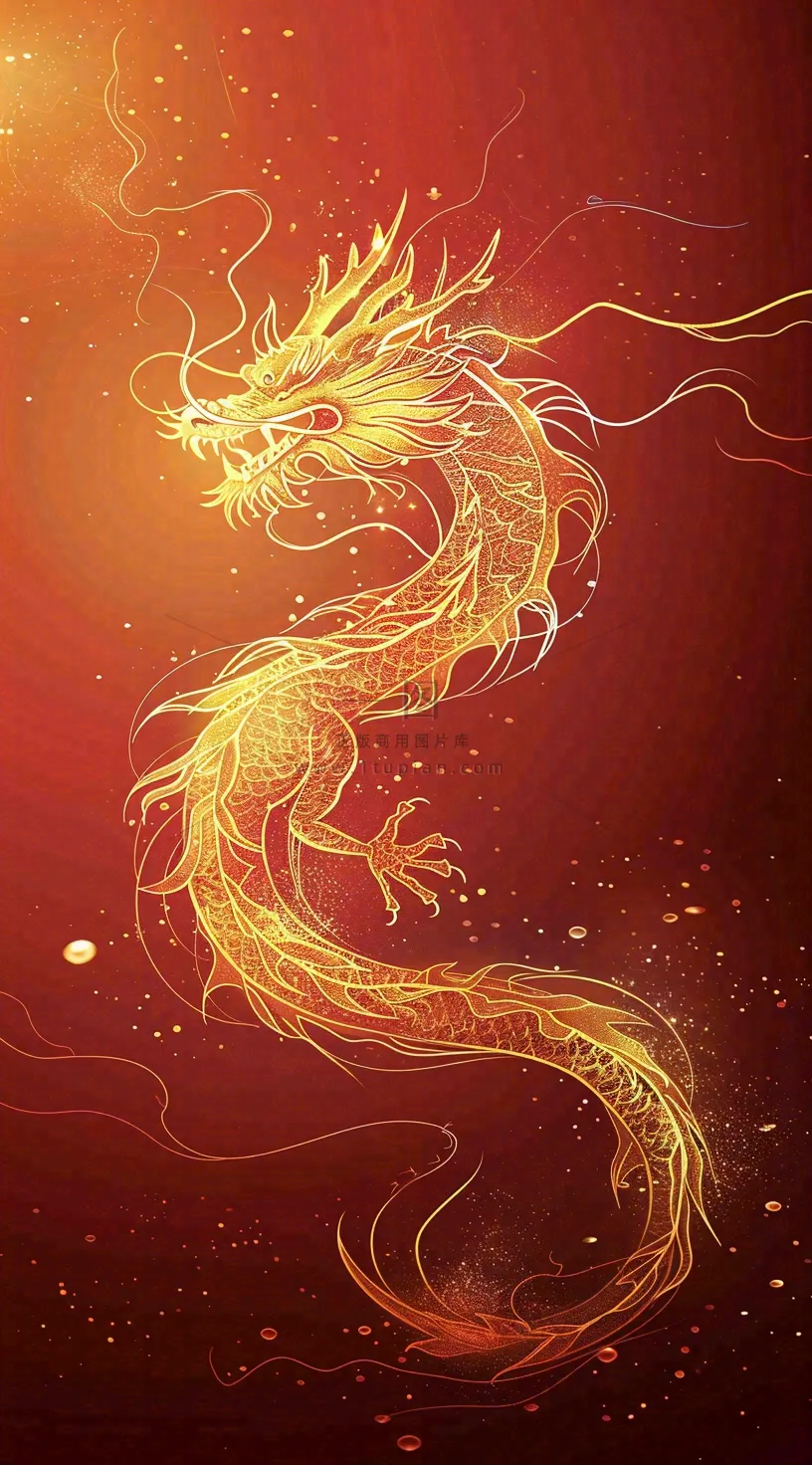 新年龙年金色龙纹红色背景小年除夕春节插画背景