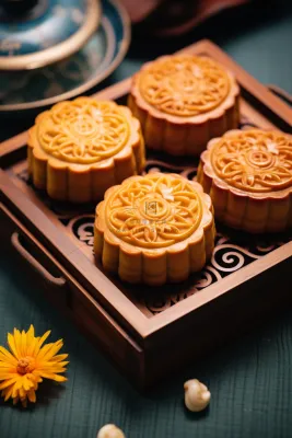 中秋木质托盘餐具上摆放着的月饼和茶壶杯子摄影图