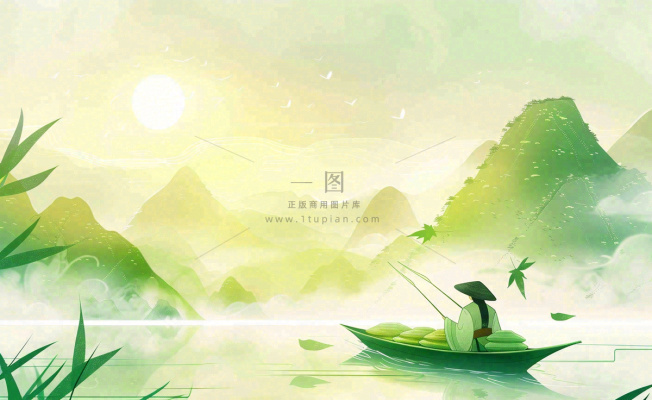 端午时节青山绿水泛舟竹叶中国风插画背景