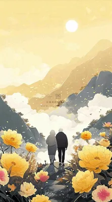 老人相伴到老，菊花黄色花朵，落日山脉