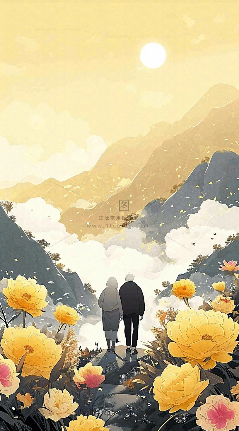 老人相伴到老,菊花黄色花朵,落日山脉