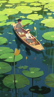 荷花荷叶池里划船的少年绿色插画背景