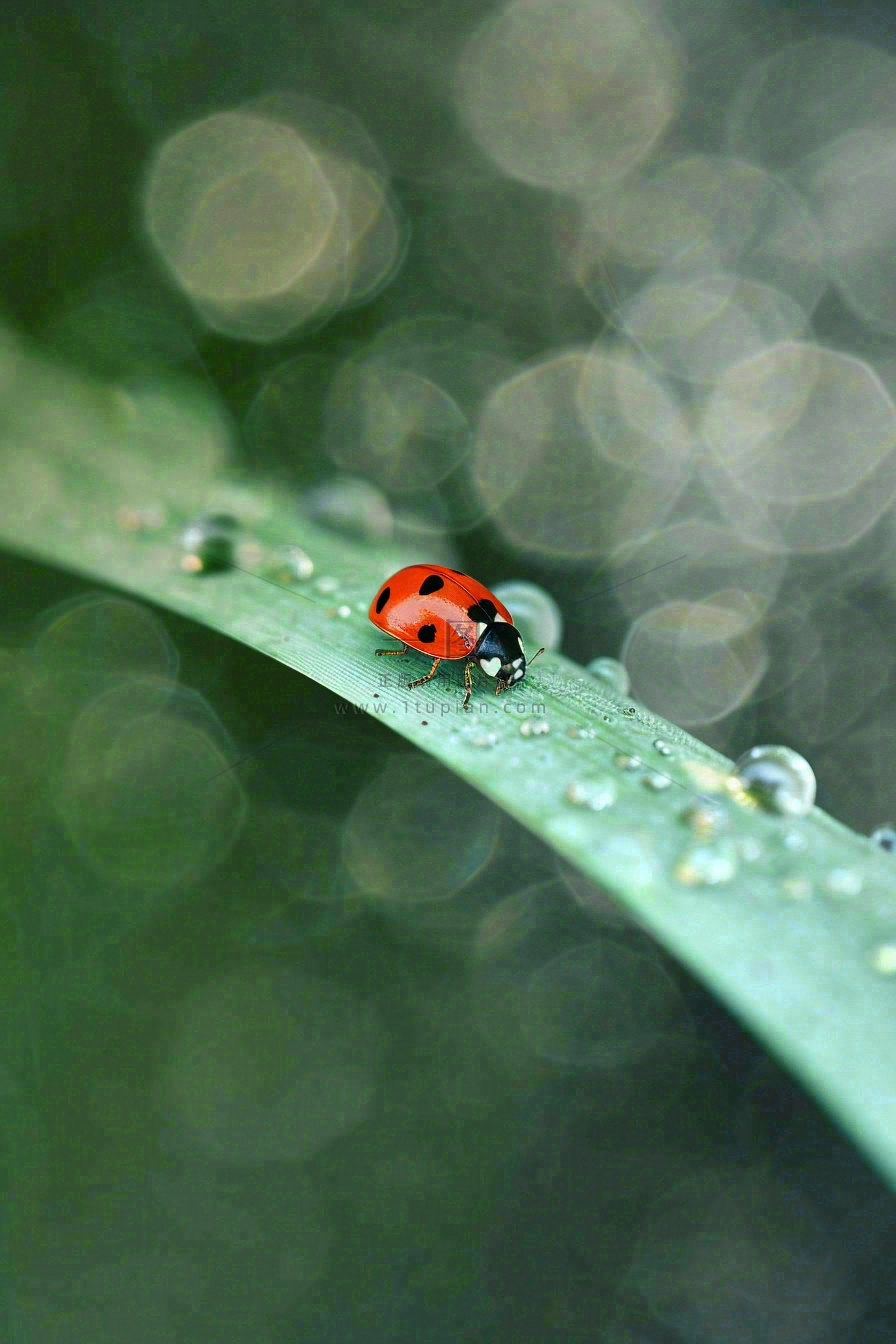 春夏雨天雨水七星瓢虫叶子,昆虫,小暑大暑白露雨水谷雨摄影图