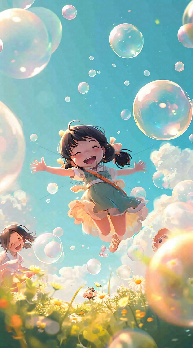 春天夏天女孩草地玩耍，阳光白云气泡可爱插画
