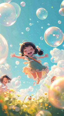 春天夏天女孩草地玩耍，阳光白云气泡可爱插画