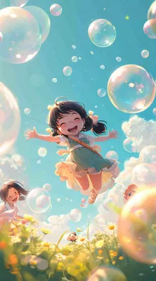 春天夏天女孩草地玩耍，阳光白云气泡可爱插画