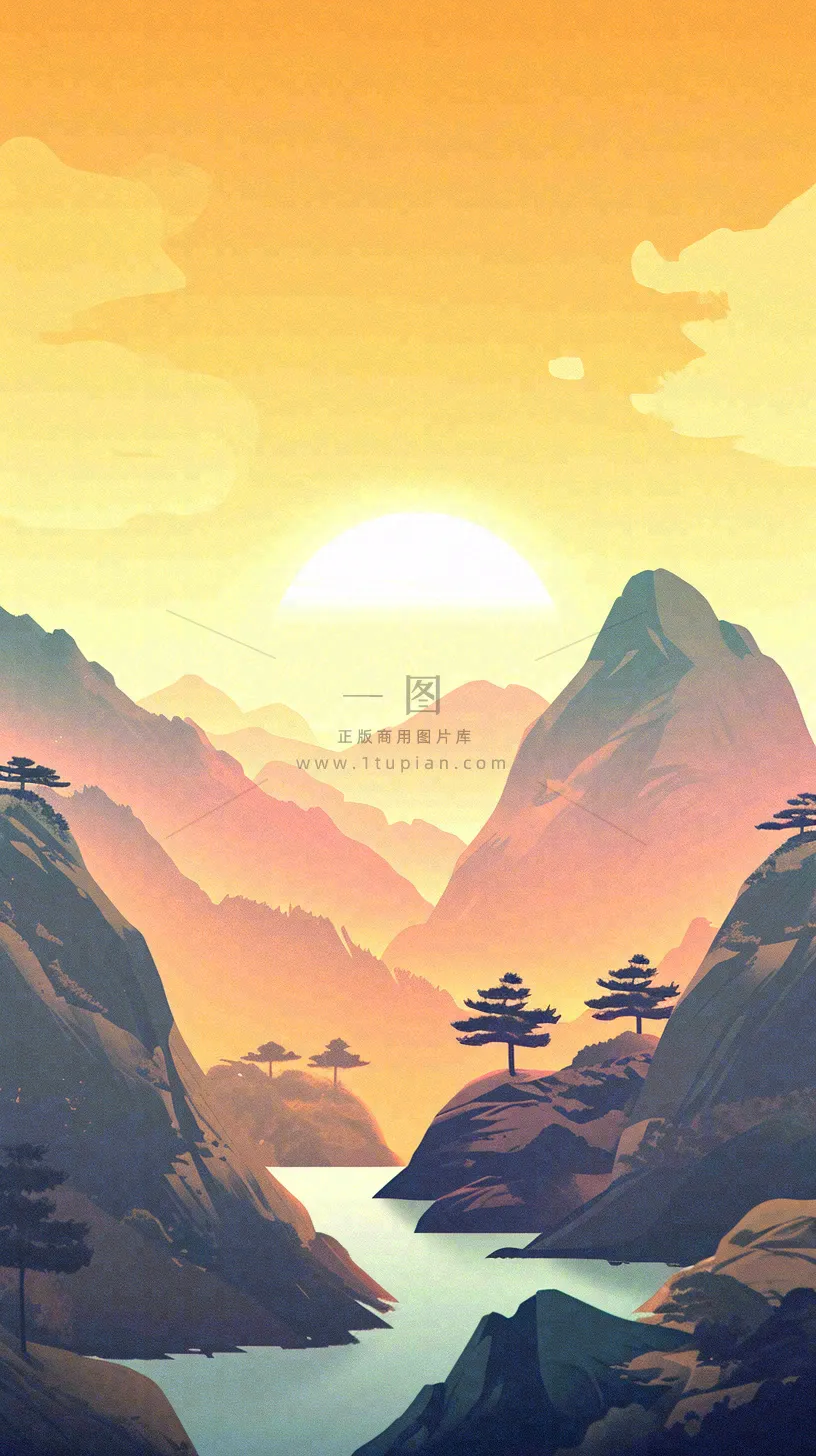 落日山脉河流小溪扁平手绘插画,旅行游玩登山郊游