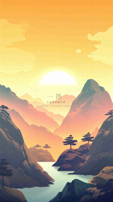 落日山脉河流小溪扁平手绘插画,旅行游玩登山郊游 落日山脉河流小溪扁平手绘插画,旅行游玩登山郊游