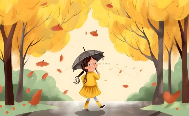 春天下雨天小女孩拿着雨伞在森林里漫步绿色黄色手绘插画海报素材背景