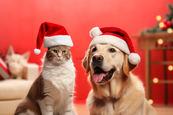戴着圣诞帽的狗猫金毛红色背景圣诞摄影图