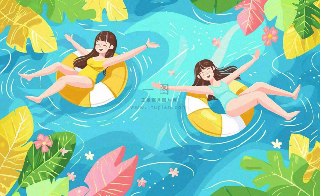 夏天游泳泳池人物游泳女孩蓝色背景泳圈夏日运动立夏大暑小暑夏至卡通插画背景 夏天游泳泳池人物游泳女孩蓝色背景泳圈夏日运动立夏大暑小暑夏至卡通插画背景