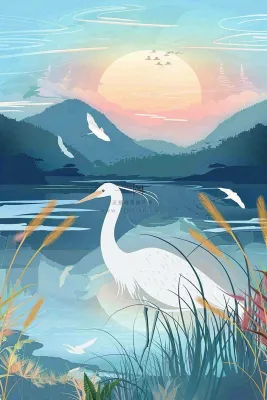 秋日芦苇荡的白鹭湖泊山水日落白露寒露插画背景 秋日芦苇荡的白鹭湖泊山水日落白露寒露插画背景