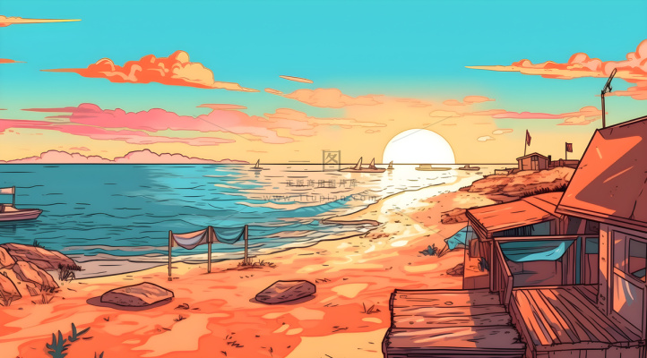 海边度假，极简背景风格，充满活力的漫画，充满活力的插画背景，浅棕色和天蓝色