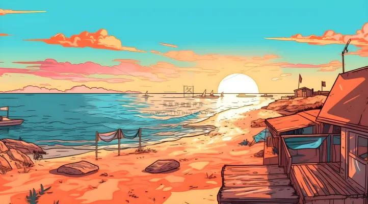 海边度假，极简背景风格，充满活力的漫画，充满活力的插画背景，浅棕色和天蓝色