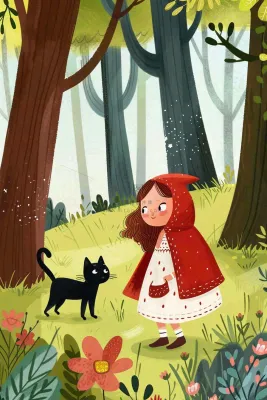 小红帽森林采蘑菇猫咪可爱童话儿童节卡通插画背景 小红帽森林采蘑菇猫咪可爱童话儿童节卡通插画背景
