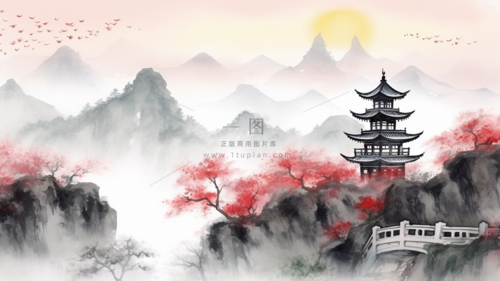 国风山水画河流花草国画水墨画素材背景