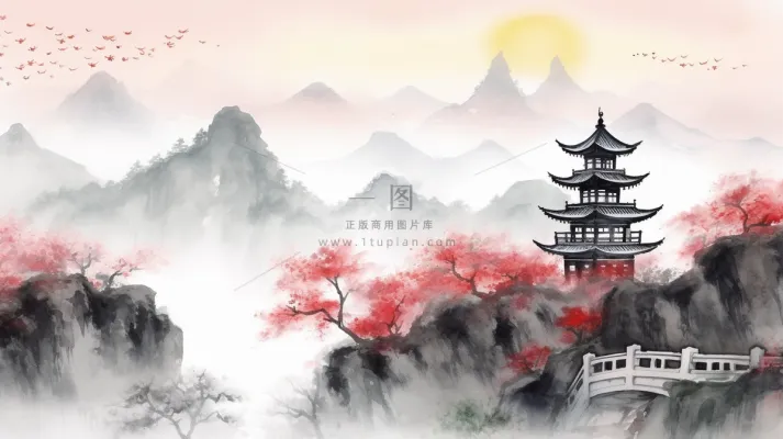 国风山水画河流花草国画水墨画素材背景