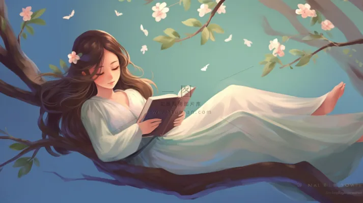 春天梨花树上读书的少女卡通插画背景
