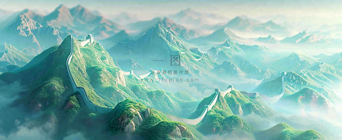 崇山峻岭高山白云中国风插画长城风景