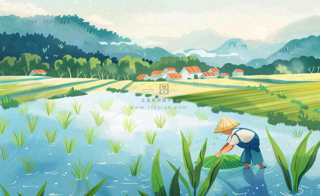 水彩手绘谷雨农夫插秧小满芒种蓝色清新背景插画