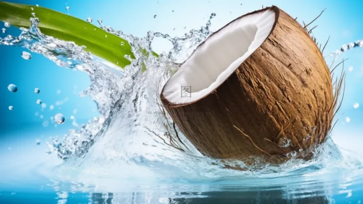 夏日椰子与水飞溅椰汁饮料摄影图