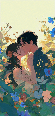 森林花丛里情侣拥抱亲吻爱情手绘插画，情人节