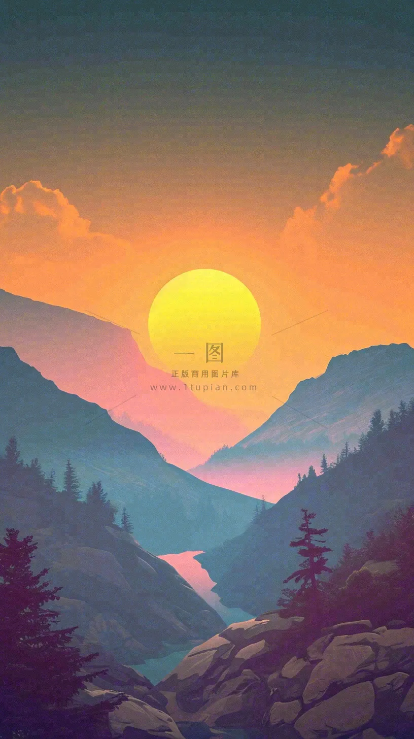落日山脉河流小溪扁平手绘插画,旅行游玩登山郊游