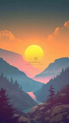 落日山脉河流小溪扁平手绘插画,旅行游玩登山郊游 落日山脉河流小溪扁平手绘插画,旅行游玩登山郊游
