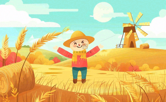金秋稻田麦田稻草人秋风瑟瑟落叶立秋秋分处暑卡通插画背景 金秋稻田麦田稻草人秋风瑟瑟落叶立秋秋分处暑卡通插画背景