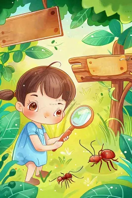 儿童学生森林冒险放大镜观察蚂蚁户外探险儿童节卡通插画背景 儿童学生森林冒险放大镜观察蚂蚁户外探险儿童节卡通插画背景