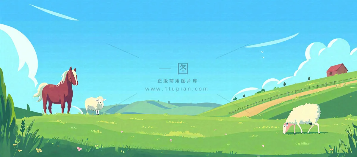 春天卡通扁平插画手绘蓝天绿色草地，春游，郊游，踏青