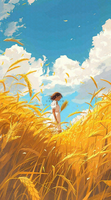秋天金色麦田女孩蓝天秋收立秋秋分处暑芒种插画背景