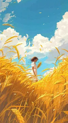 秋天金色麦田女孩蓝天秋收立秋秋分处暑芒种插画背景 秋天金色麦田女孩蓝天秋收立秋秋分处暑芒种插画背景