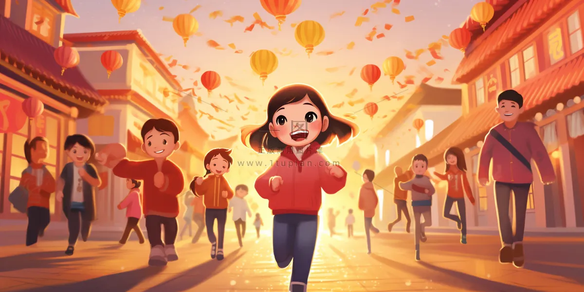 新年除夕街上欢灯结彩孩子们追逐打闹迎接新年喜庆卡通插画背景