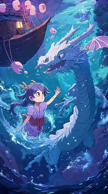 创意卡通古风河面人物游船,夜晚龙灯笼光照,海浪水面 创意卡通古风河面人物游船,夜晚龙灯笼光照,海浪水面